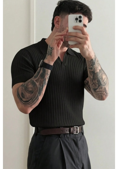 Tarz Cool Premium Fitilli Triko Polo Yaka Erkek Old Money T-shirt Siyah