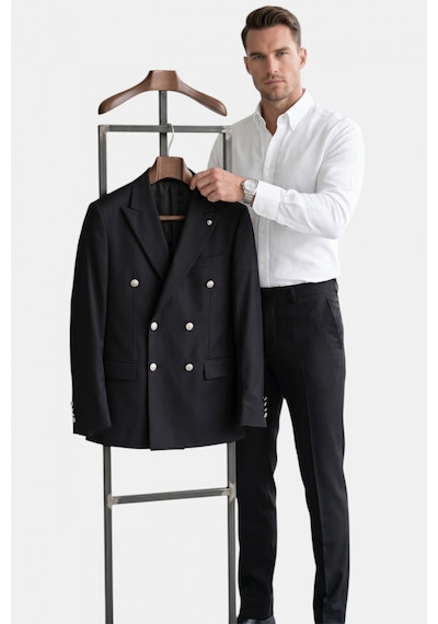 Rizzup Erkek Siyah Slim Fit Kruvaze Takım Elbise Likralı Çizgili Dokulu Metal Düğmeli 2600820 Rizzup Erkek Siyah Slim Fit Kruvaze Takım Elbise Likralı Çizgili Dokulu Metal Düğmeli 2600820