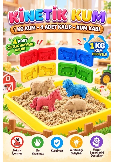 Çiftlik Hayvanları Kinetik Kum 1000 Gr 6 Adet 3d Kalıplı Ve Kum Havuzlu Kurumaz Oyuncak Kum Seti