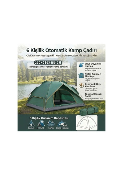 Buffer 6 Kişilik Otomatik Kamp Çadırı Çift Katmanlı, Suya Dayanıklı, Hızlı Kurulum Outdoor Aile V Yeşil