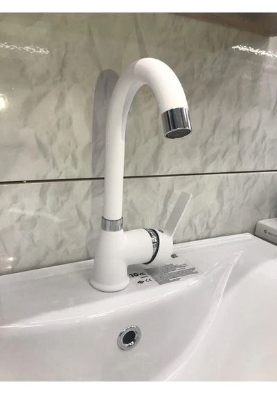 Viosa Beyaz Kısa Lavabo Bataryası Delta Banyo Sıcak Soğuk Su Girişli Musluk Siyah