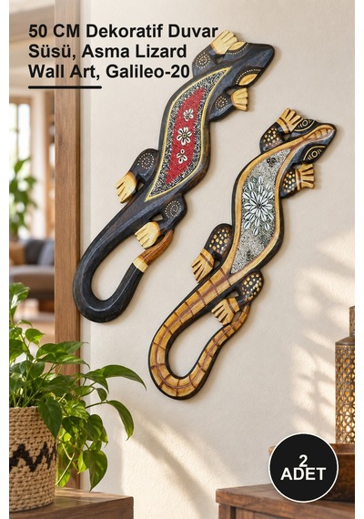 2 Adet Ahşap Duvara Asmalı Kertenkele Figürü 50 Cm Dekoratif Duvar Süsü, Asma Lizard Wall Art, Galileo-20