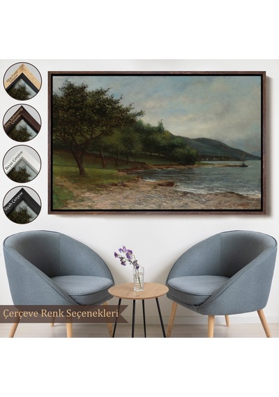 Ahşap Çerçeveli Gustave Courbet - Göl Kıyısı Geneva Tablosu-7092