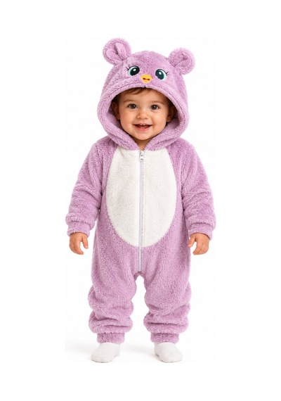 Chicsy Baby Tatlı Kız Bebek Welsoft Tulum Kuş Civciv Nakışlı Kulaklı Kapüşonlu Fermuarlı Peluş Kışlık Bebek Tulumu Lila