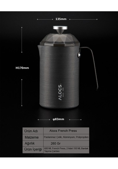 Alocs Paslanmaz Çelik French Press 600 Ml Gri