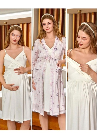 Cossy By Aqua 24525-526 Saten Sabahlıklı İp Askılı Hamile Lohusa Gecelik Sabahlık Takım