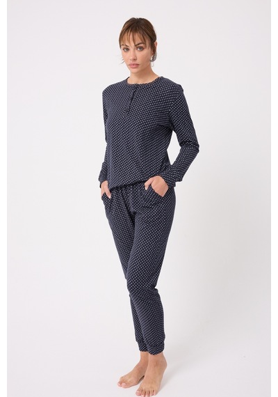 Lespadon Ocean Rıpple Premium Örme Pamuk Uzun Kollu Henley & Uzun Pantolonlu Kadın Pijama Takımı-3233 Lacıvert