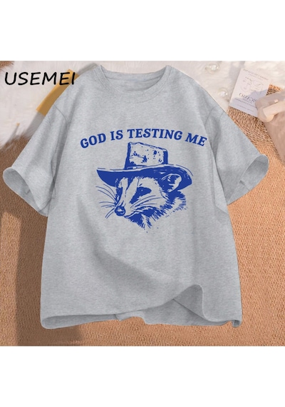 Flood Of Style Tanrı Beni Test Ediyor Ve Ben % Erkek Tişörtü Komik Pamuk İğneleme Giyim Meme Grafik Tee Kısa Gri