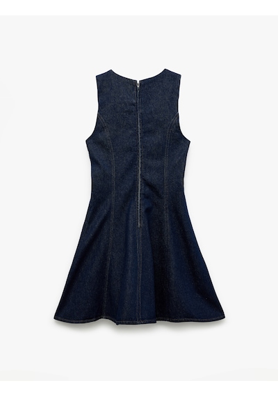 Koton Pamuklu Bisiklet Yaka Dikiş Detaylı Volanlı Kolsuz Mini Denim Elbise Koyu İndigo 7wal80002md Indigo