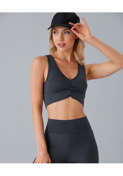 Aurafit Kadın Önü Büzgülü Arkası Çapraz Kaplı Croptop/büstiyer Antrasit