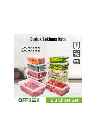 Offbox Buzluk Sebze Bakliyat Et Gıda Saklama Kabı - 2 Çeşit - 6 Adet Şeffaf