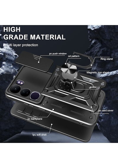 Teleplus Vivo V40 Lite Kılıf Magnetik Standlı Kamera Korumalı Slide Sürgülü Cover Kapak Siyah