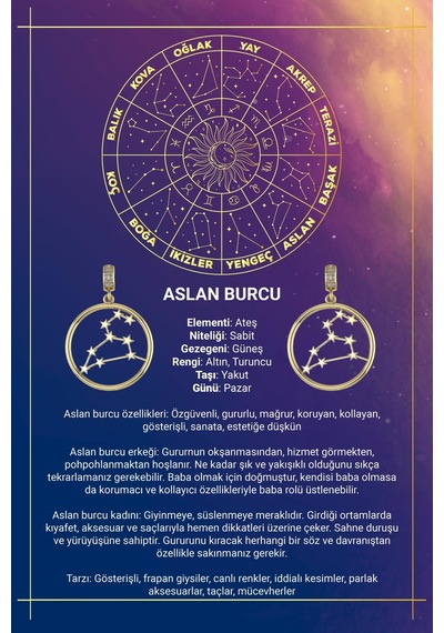 14 Ayar Altın Aslan Burcu Kolye Ucu Burç Yıldız Haritası Sarı Altın