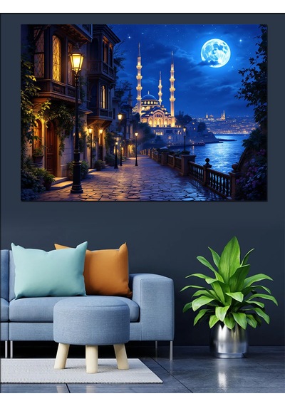 Gece İstanbul Camii Manzarası Dekoratif Kanvas - Mdf Ahşap Tablo