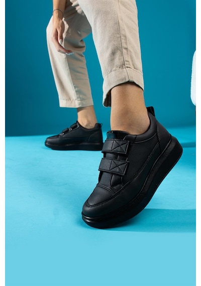 Shoetek Vicenta Kadın Sneakers Bantlı Spor Ayakkabı Siyah Deri Siyah
