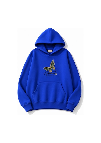 Herkesemoda Yeşil Kelebek Baskılı Kapüşonlu 2 İplik Şardonlu Sweatshirt Mavi
