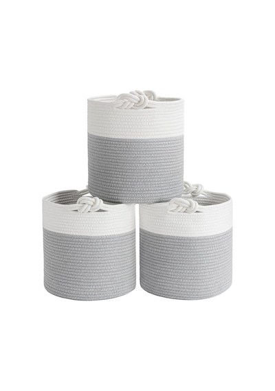 Mavaux Chang Örgü Saplı 3'lü Saplı Sepet, Düzenleyici 3'lü Sepet, Hasır Dokuma Sepet 30cm X 30cm Gribeyaz
