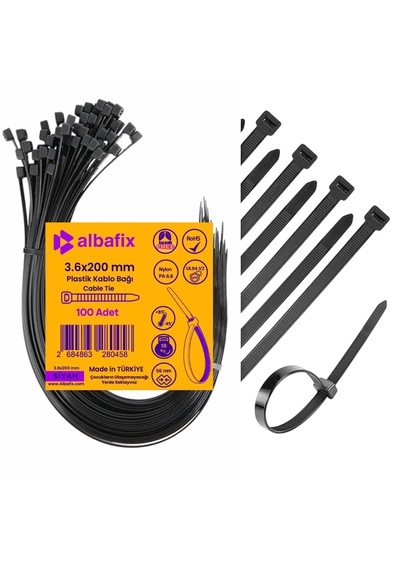 3.6x200 Mm Siyah Plastik Kablo Bağı Klipsi Cırt Kelepçe 100 Lü Paket 100 Adet - Siyah