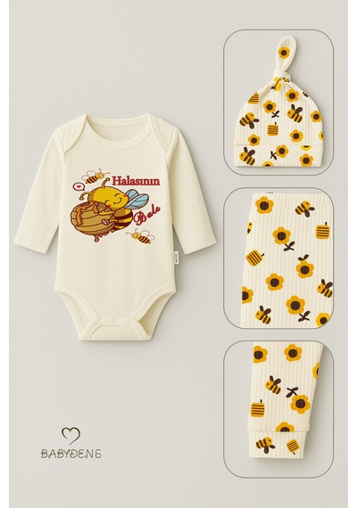 Babyden's Halasının Balı 3 Lü Yenidoğan Takım %100 Pamuk Uzun Kol Body,çiçek Arı Desenli Pantolon,bere Ekru