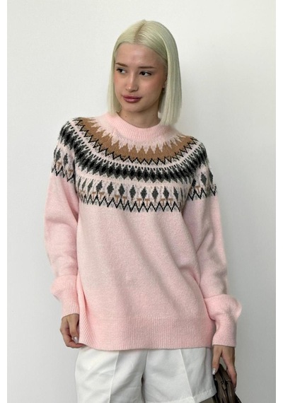 Madmext Pembe Bisiklet Yaka Desenli Kadın Triko Kazak Mg2502 Pembe