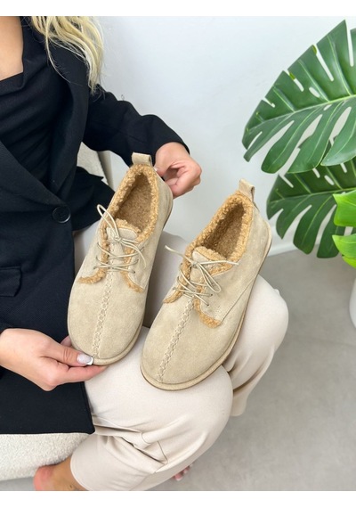 Erva'nın Butiği Bej Hakiki Deri Sorry İçi Peluş Bağcıklı Kadın Ayakkabı-6394