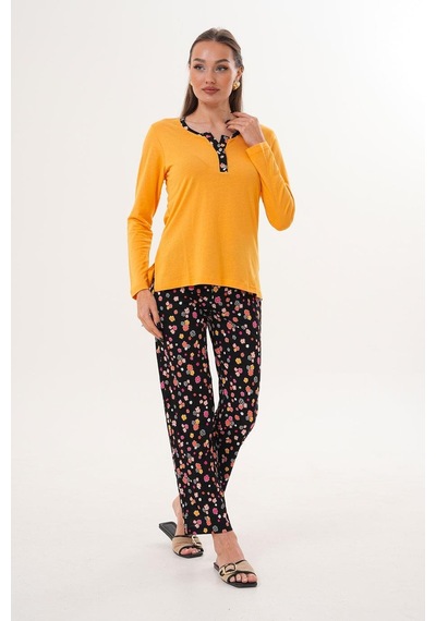 Çift Kaplan Kadın Pamuk Modal Açık Patlı Sarı Pijama Takımı 7019 Sarı