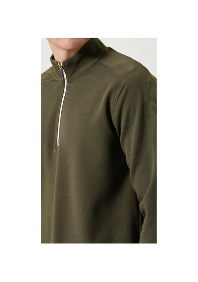 Erkek 3 İplik Pamuklu Uzun Kol Yarım Farmuarlı Yakalı Sweatshirt - - Haki
