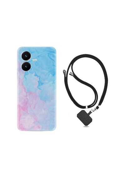 Vivo Y22S Kılıf İpli Boyun Askılı Desenli Silikon Pink Blue Abstract 1385