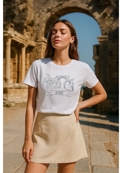 Kadın Bisiklet Yaka %100 Pamuk Side Baskılı Kısa Kollu T-shirt Çok Renkli