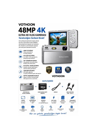 Dijital Kamera 4k Hd 48mp 8x Zoom Flaşlı Kayar Retro Video Kamera 2.4 Ekran 64gb Sd Kart Hediyeli Gümüş