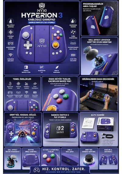 Nyxi Hyperion 3 Mor Joypad Switch 2  Hall Effect Drift Yapmayan Joystick Kablosuz Oyun Kolu Joy-con