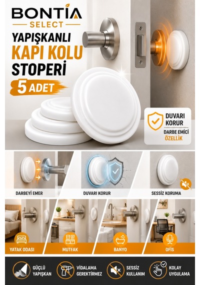 Yapışkanlı Kapı Kolu Stoperi 5 Adet Beyaz Silikon Duvar Koruyucu Tampon Darbe Emici Kapı Stopu