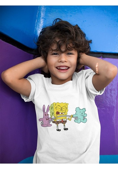 Sevbano Unisex Sporcu Süngerbob Baskılı Çizgi Film Çocuk Tişört 1-12 Yaş Beyaz