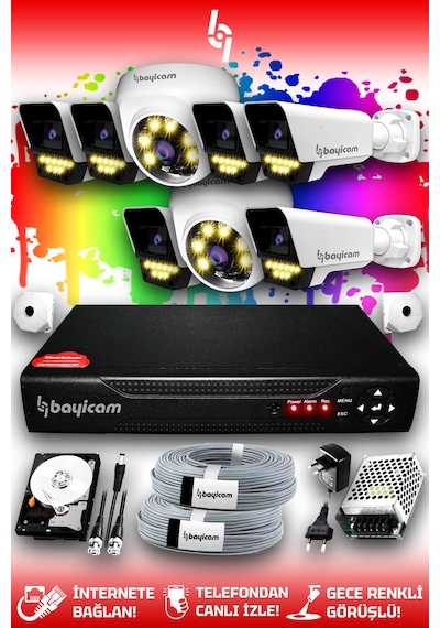 Bayicam 8 Kameralı Süper 2 İç Kamera Set 500 GB 5 MP 2K Renkli Gece Görüşlü Güvenlik Kamerası Sistemi