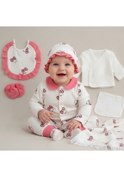 Milays Kız Bebek Hello Kitty Figürlü Müslin Kumaş Yenidoğan 10 Parça Hastane Çıkışı Zıbın Seti Kırmızı