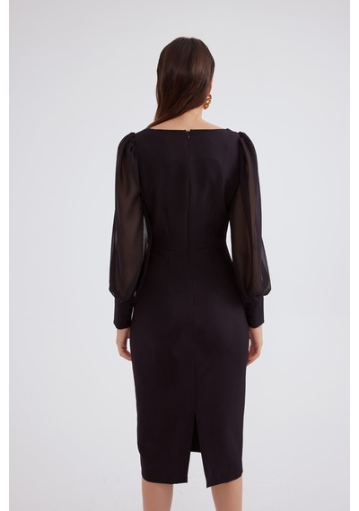 Sateen Şifon Kol Krep Elbise - Siyah