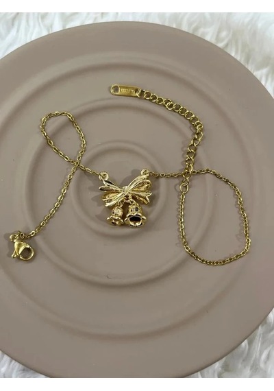 Premium Gold Renk 316l Çelik Gold Renkli İnce Zincirli Fiyonk Detaylı Halhal 25 Cm Altın