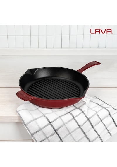 Lava Döküm Yuvarlak Izgara Tava Döküm Demir Yekpare Saplı Çap Ø 28cm.bordo Bordo