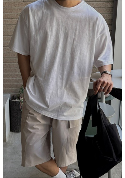Tarz Cool Erkek %100 Pamuklu Kalın Dokulu Oversize Bisiklet Yakalı T-shirt Beyaz