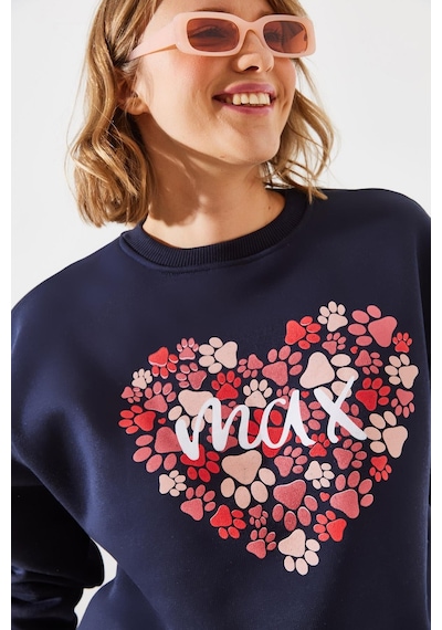 Shade Kadın Üç İplik Şardonlu Yuvarlak Yaka Pati Baskılı Sweatshirt Mbhs005 60601005 - Lacivert