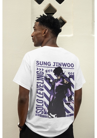 Solo Leveling Sung Jin Woo Sırt Baskılı Unisex Oversize Anime Tiş Beyaz