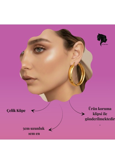 Halka Model Gold Renk Çelik Küpe 5cm Altın