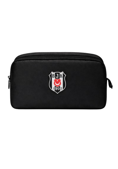 Beşiktaş Lisanslı Rubber Logo Kalemlik - Siyah Su İtici Kumaşlı Çift Bölmeli Kalem Çantası