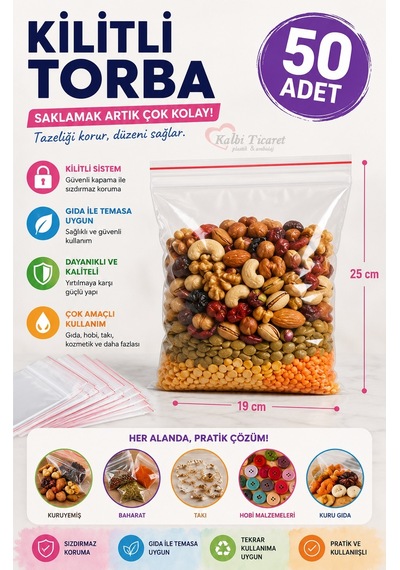Kilitli Torba 19x25 Cm 50'li Kilitli Buzdolabı Poşeti Şeffaf Naylon Torba Kilitli Saklama Poşeti