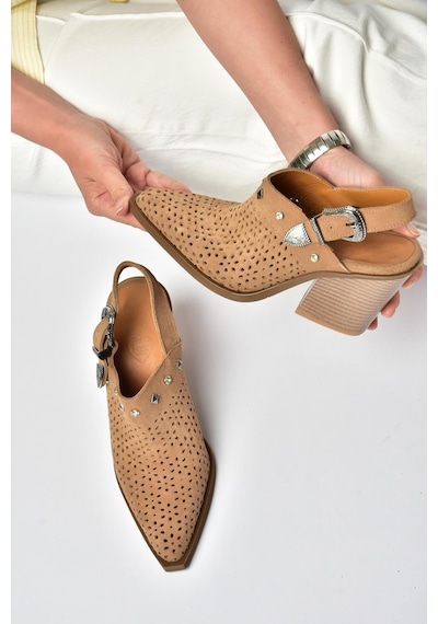 Fox Shoes Y654329102 Vizon Hakiki Deri Süet Zımba Detaylı Western Topuklu Ayakkabı
