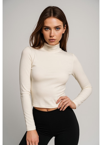 Rich Kadın Ekru Yarım Balıkçı Yaka Uzun Kollu Crop Bluz Ekru