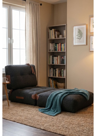 Reyo Pufymax Comfy Yeni Nesil Bohem Koltuk Yatak Olabilen Katlanır Berjer & Modüler Yer Yatağı 75x75x 85 Cm Keten Siyah