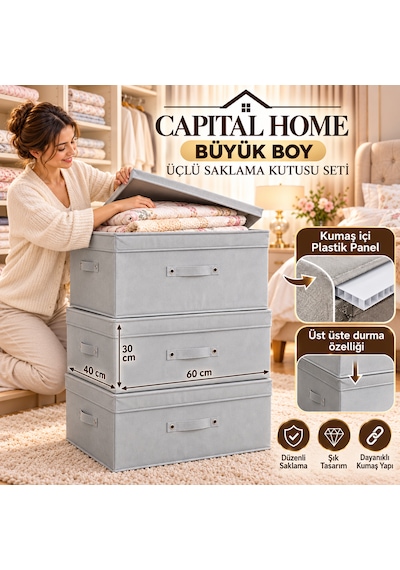 Capital Home 3'lü Set Çok Amaçlı Düzenleyici Hurç + Saklama Kutusu +kapaklı Büyük Boy 60 X 40 X 30 Cm Gri