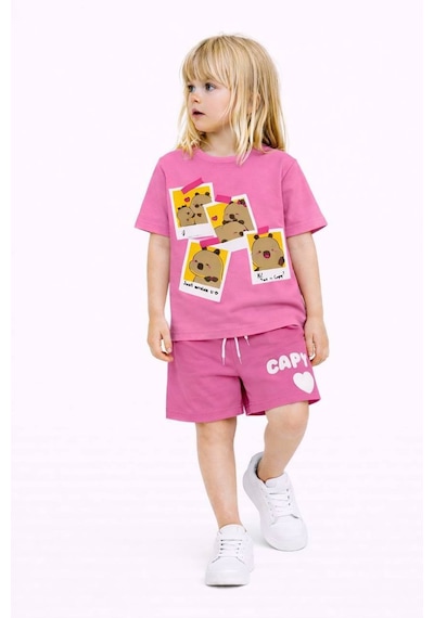 Miniko Kids Kız Çocuk Capybara Modelli Pamul Şortlu Takım Pembe