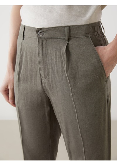 Lcwaıkıkı Classic Haki Standart Kalıp Keten Karışımlı Erkek Pileli Chino Pantolon